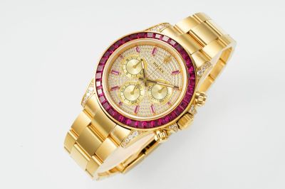 Rolex Daytona Gold Dial Red Diamond Bezel Gold Stainless Steel Strap Watch